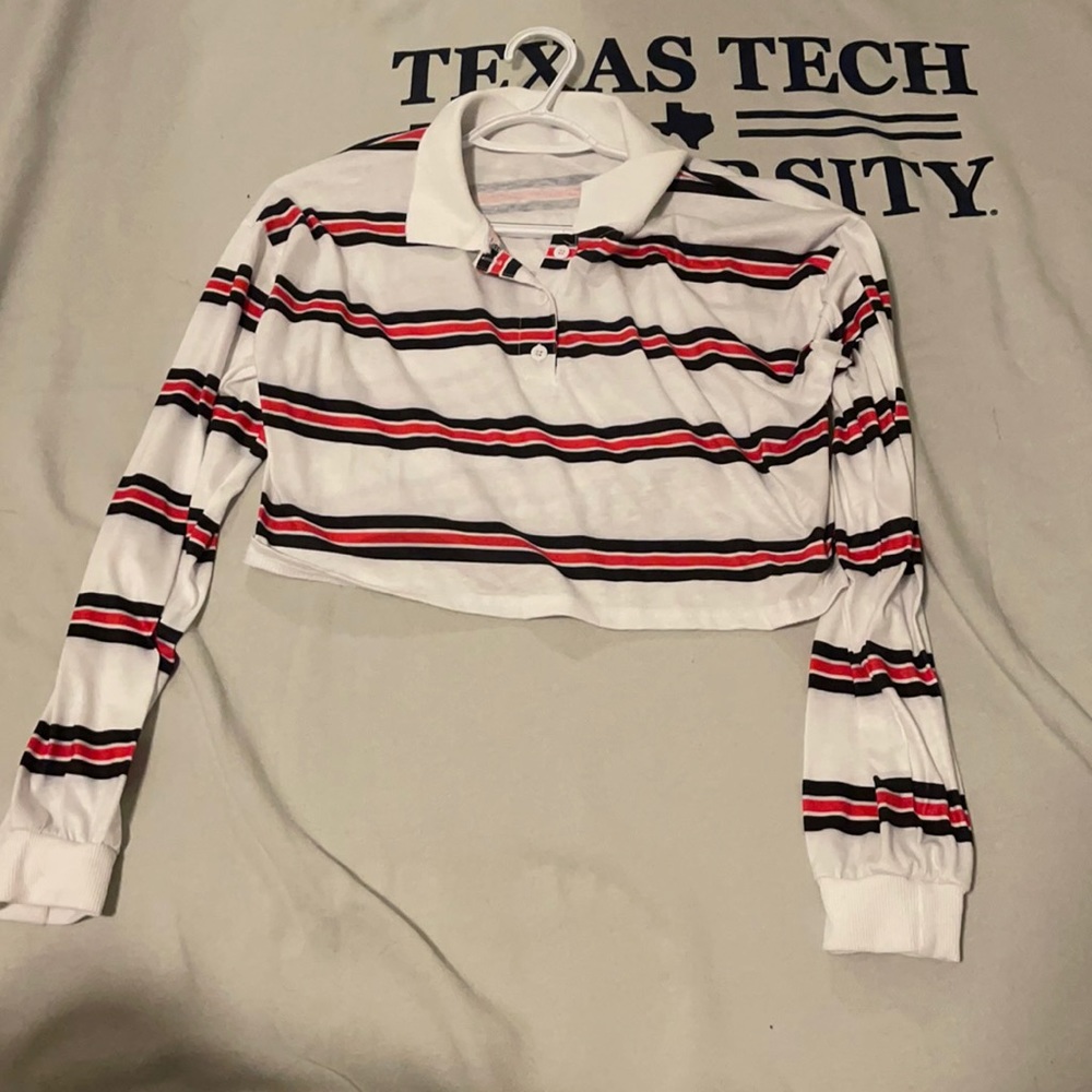 Blue,Red, White Striped Long-Sleeve Crop Top